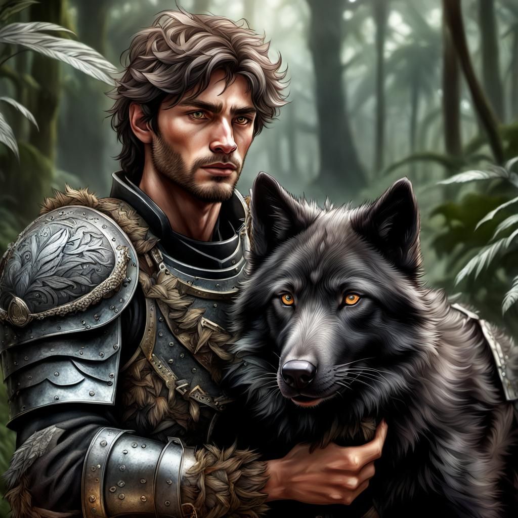 Young Man Holding a Black Wolf Pup