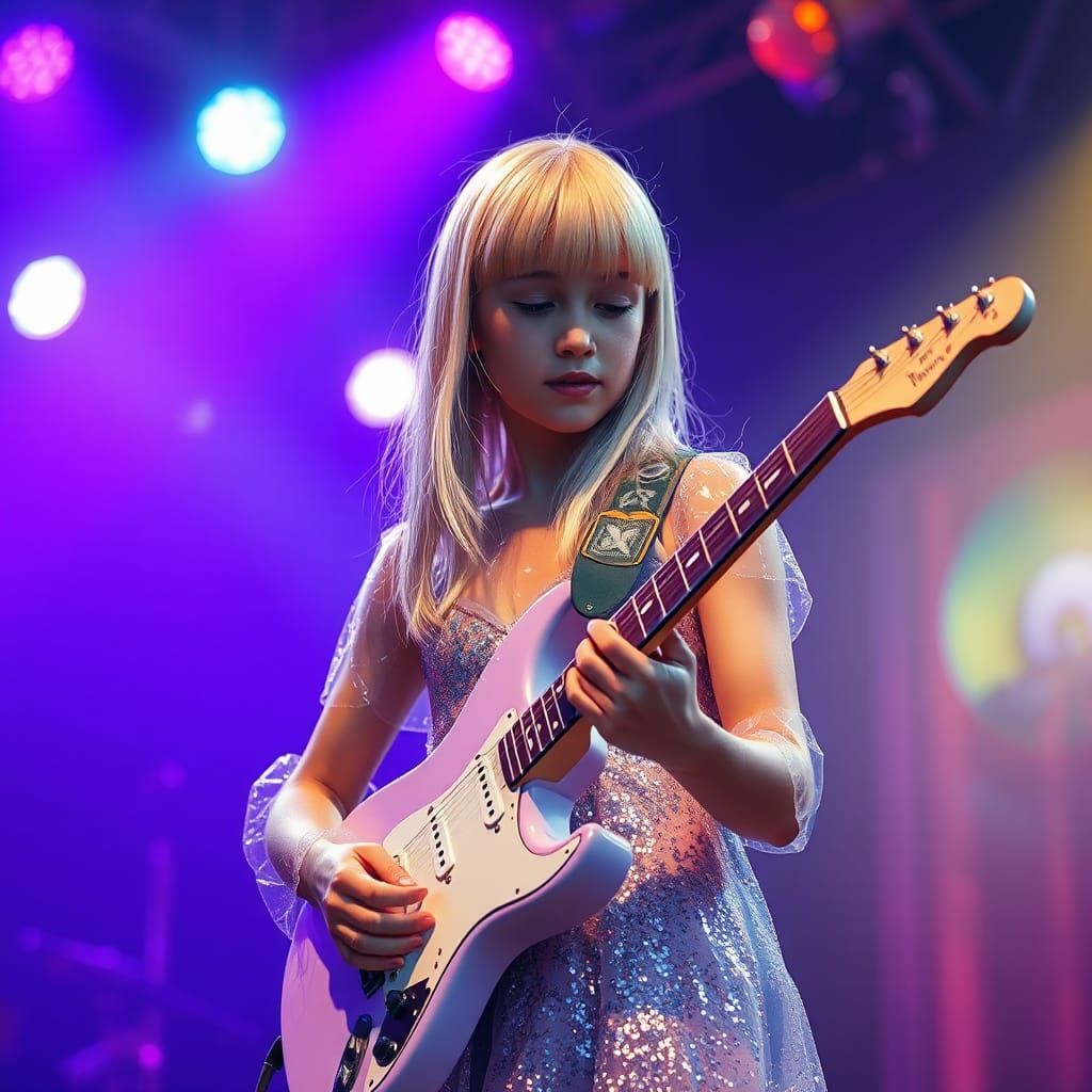 Girl with Electric Guitar on Stage, Detailed Digital Paintin...