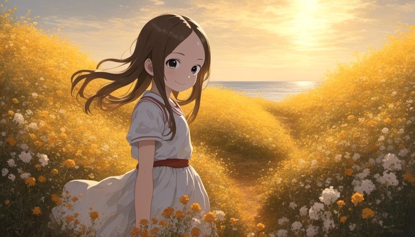 Smiling Girl in Flower Field: Baroque Oil Painting