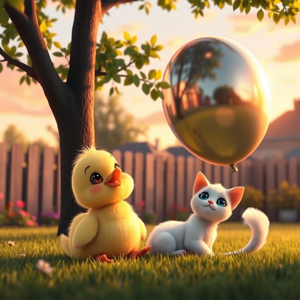 Whimsical 3D Anime Sunset Scene in a Cozy Backyard