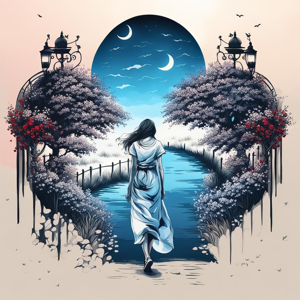 Girl Walking Down Path in Romantic Style