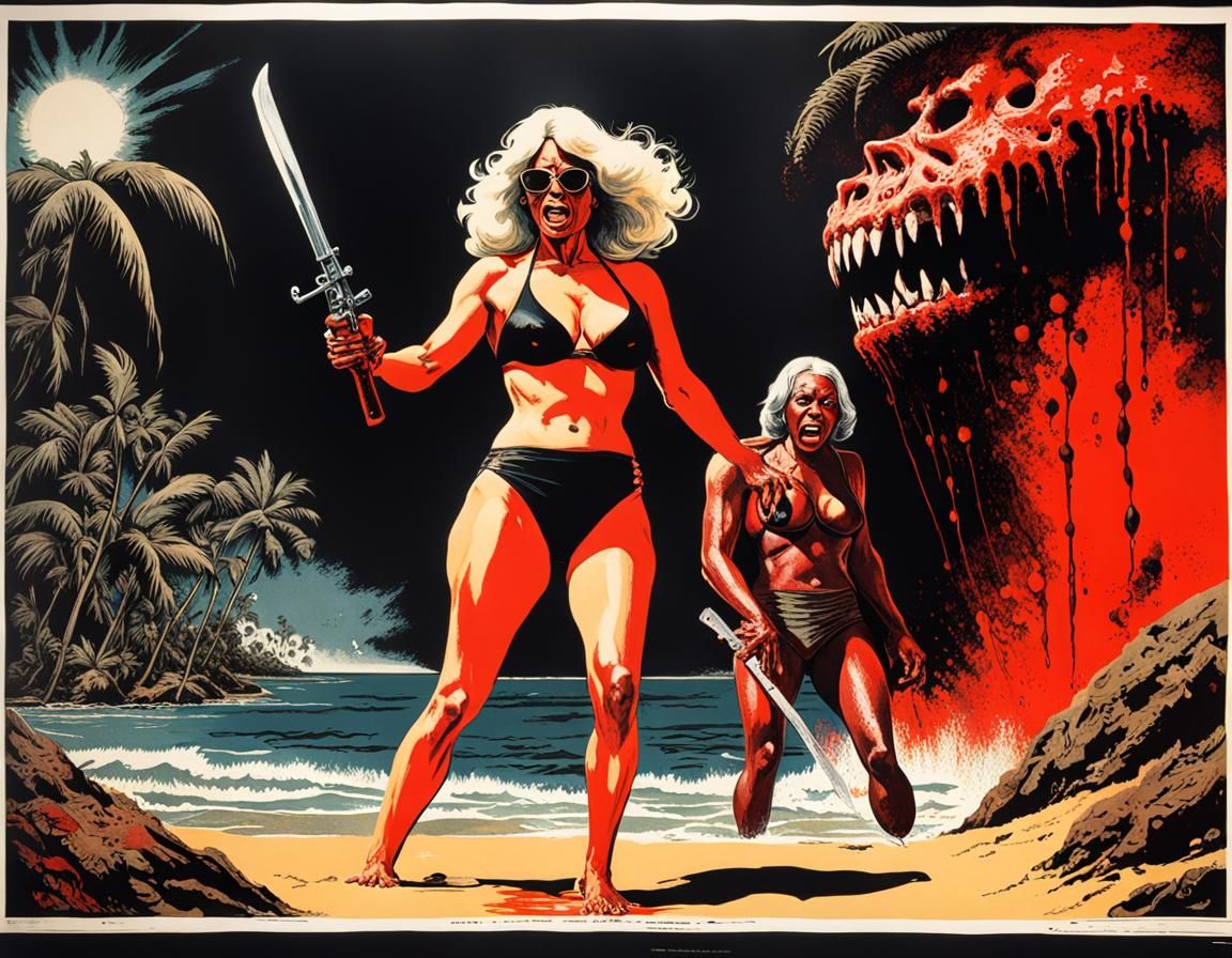 1970s Horror Movie Poster: Bikini Grandma Blood Beach V