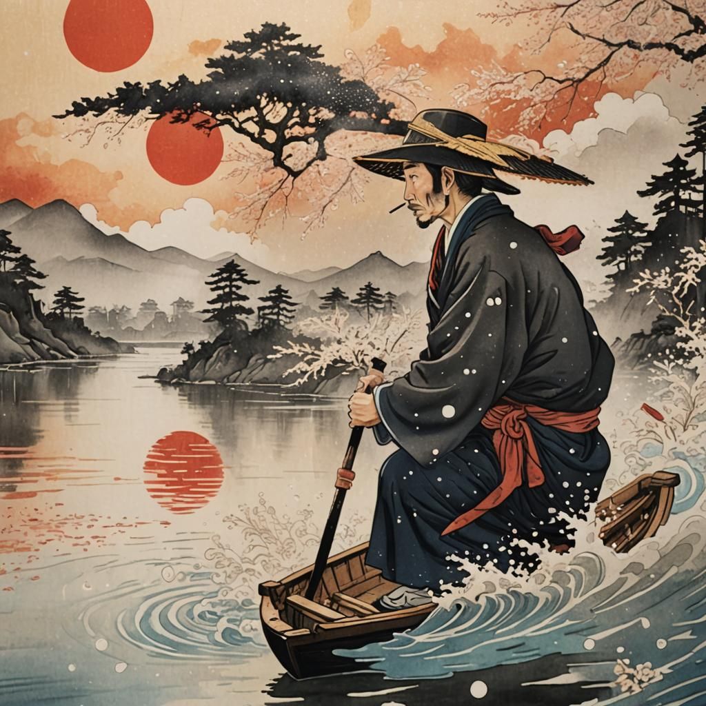 Ukiyo-e River Journey at Sunset
