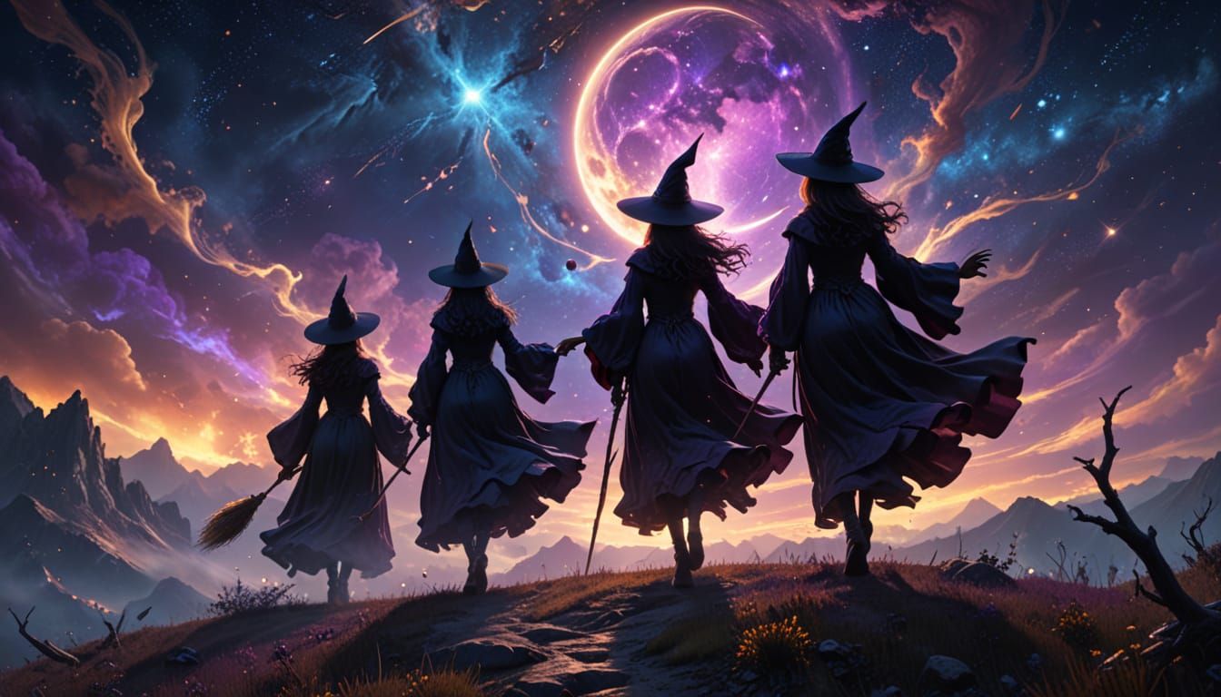 Witches Flying Through a Luminous Night Sky