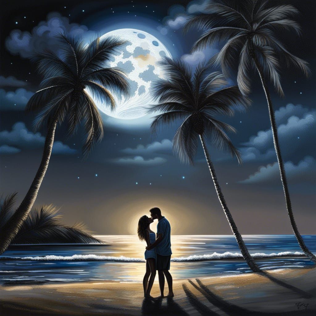 Moonlit Kiss on a Nighttime Beach