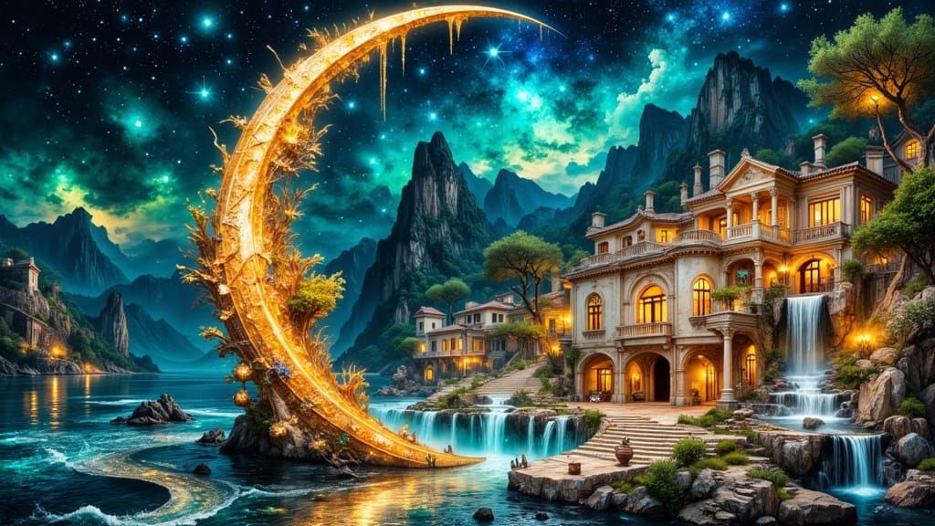 Mediterranean Fantasy Village in Bioluminescent Moon