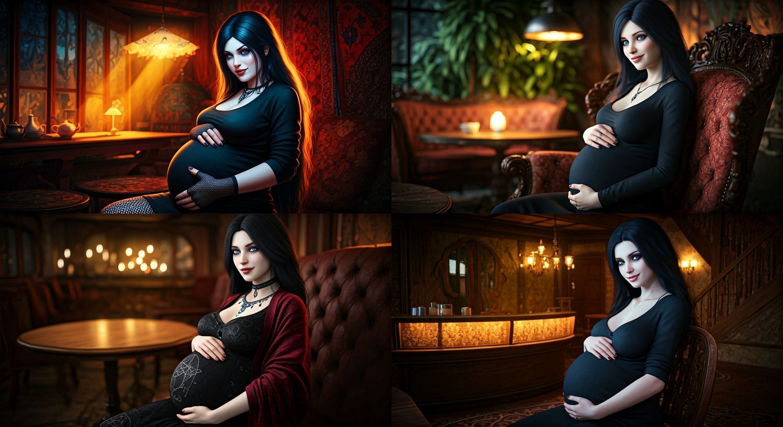 Pregnant Goth Girl in Coffee House, Detailed Digital Art
