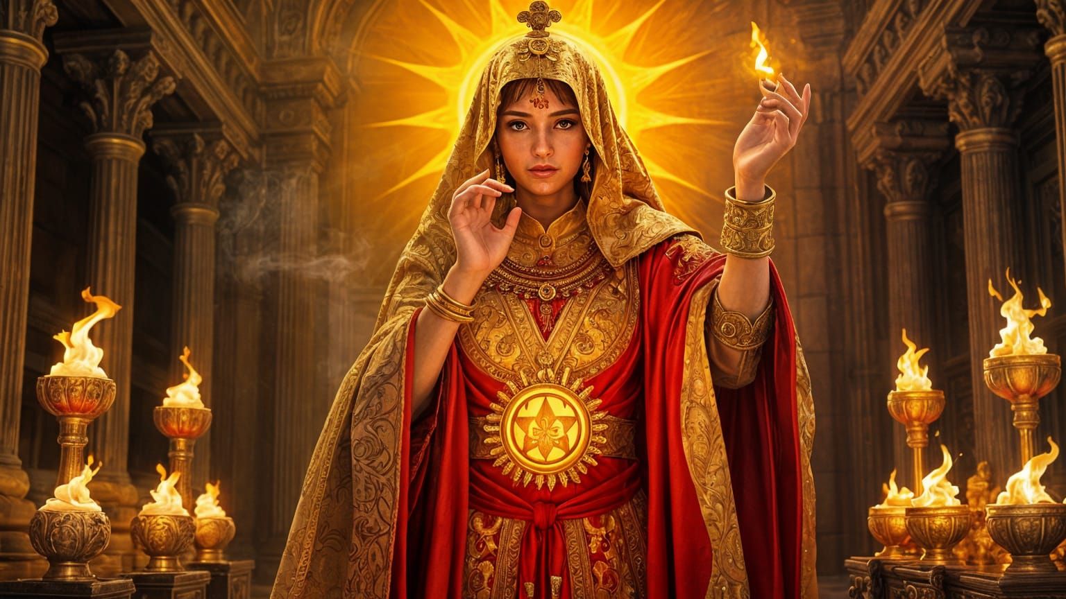 Radiant Priestess Healing Wounds in Sacred Temple