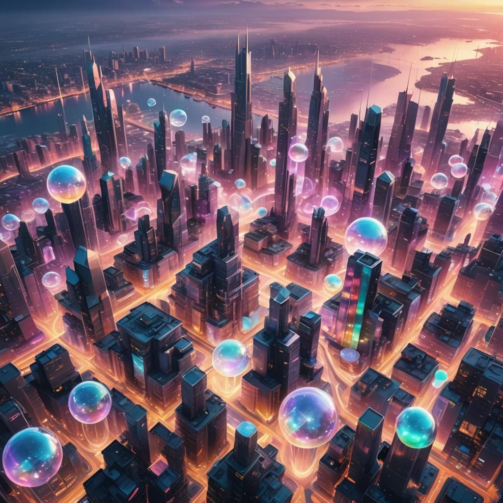 Futuristic Floating Metropolis with Iridescent Structures