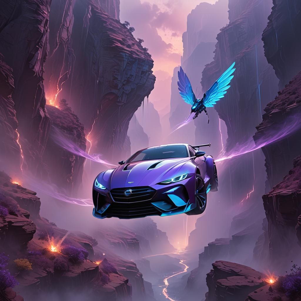 Flying Car Concept Art in Magical Realism Style