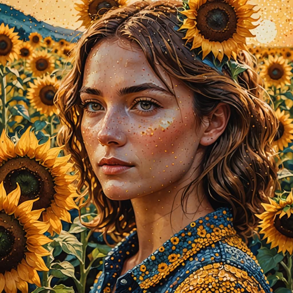 Pointillist Painting of Sunflower Field with Brown-Haired La...