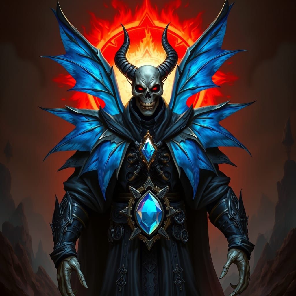 Dark Fantasy Warrior with Vibrant Blue Wings and Fiery Halo