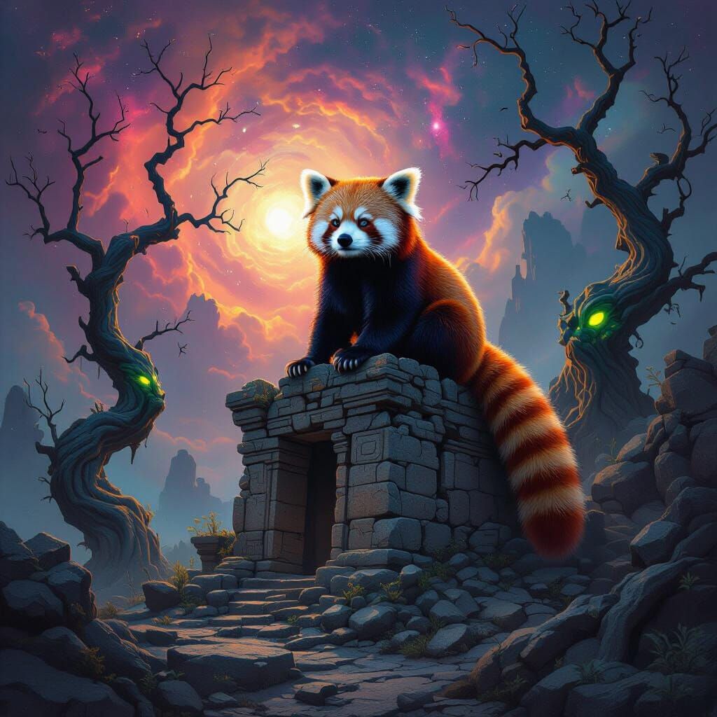 Celestial Red Panda on Ancient Ruin in Nebula Glow
