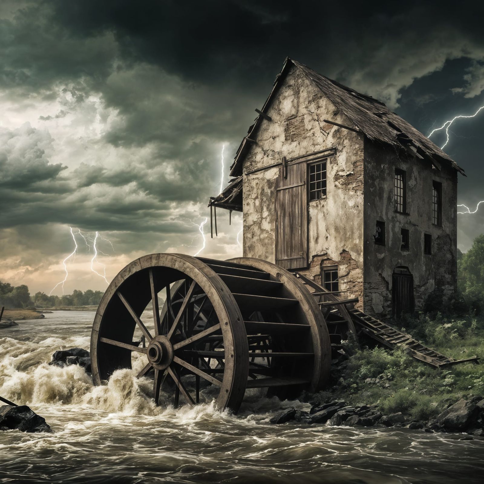 Abandoned Flour Mill in Ruins, Stormy Apocalypse