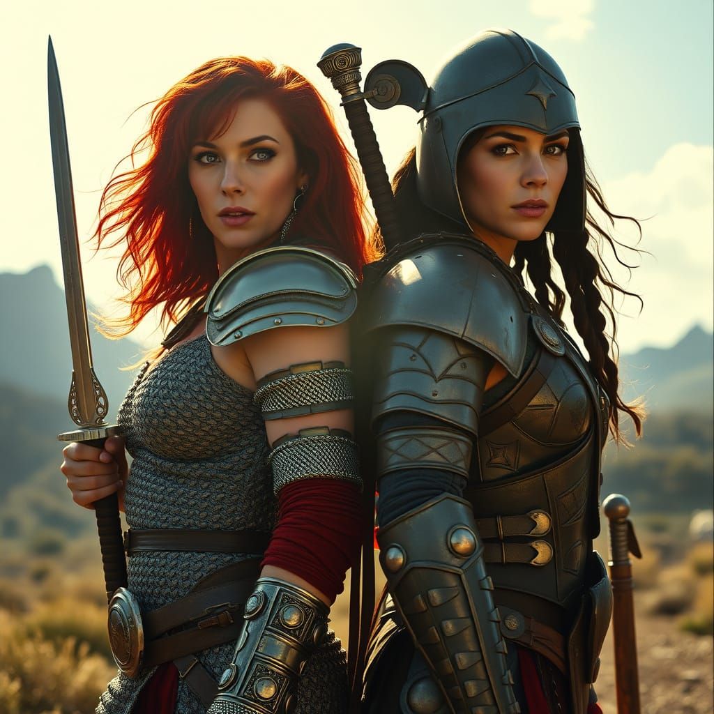 Red Sonja and Xena: Medieval Warriors in a Bright Landscape