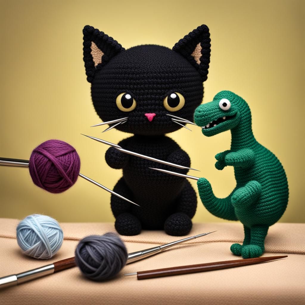 Black Cat Crocheting Dinosaur with Needles