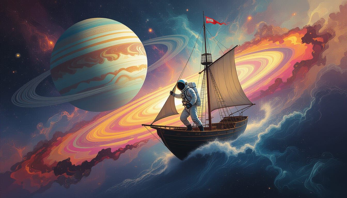 Astronaut Sails Among Nebulae in Surreal Style