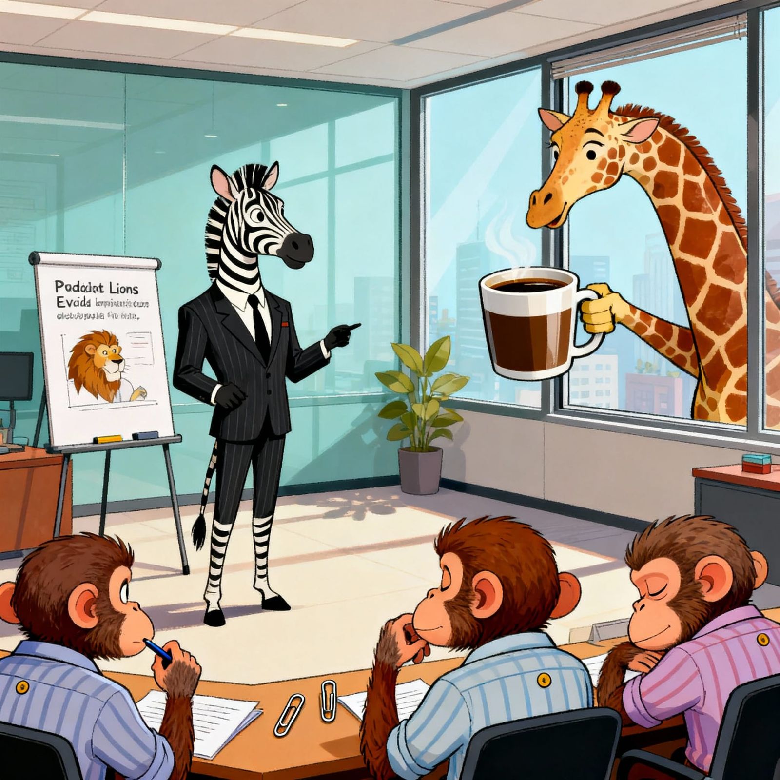 Zebra Gives Presentation on Lion Evasion in Office