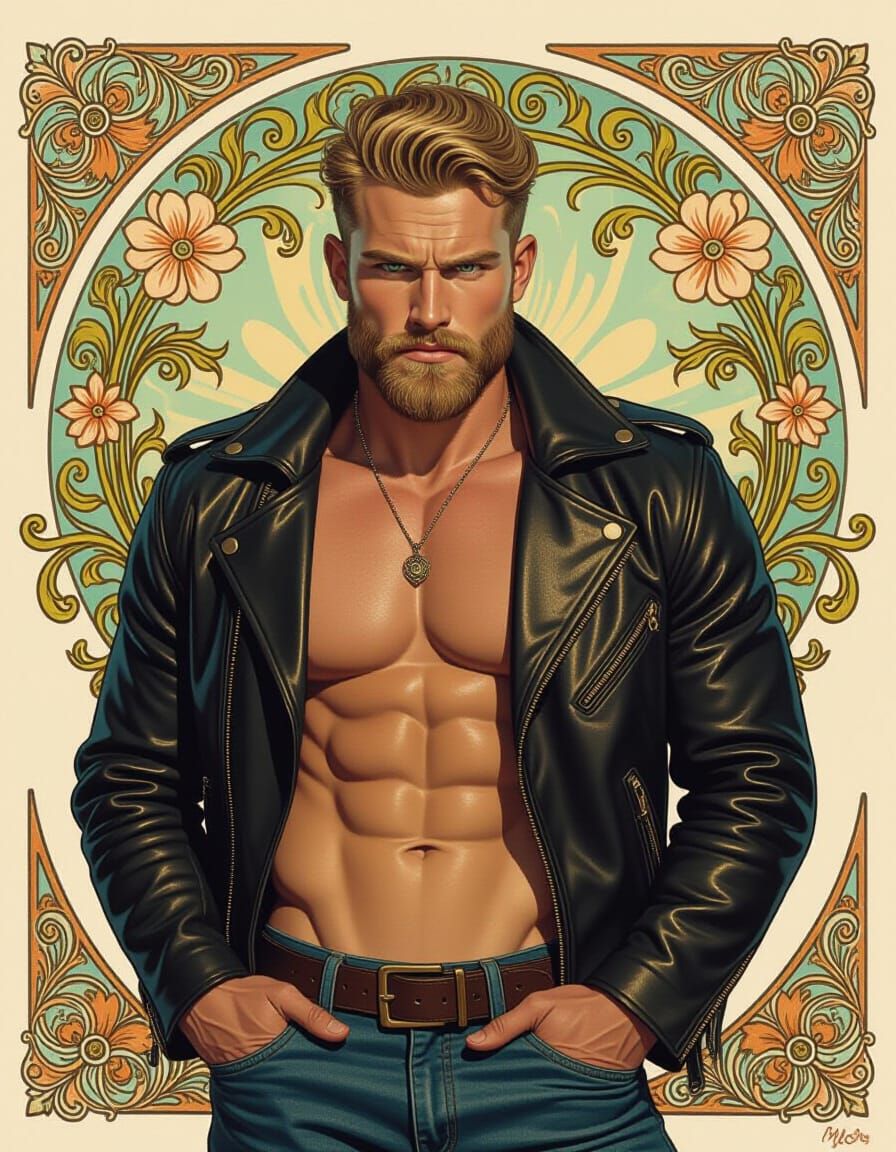 Muscular Man in Art Nouveau Surrealist Style