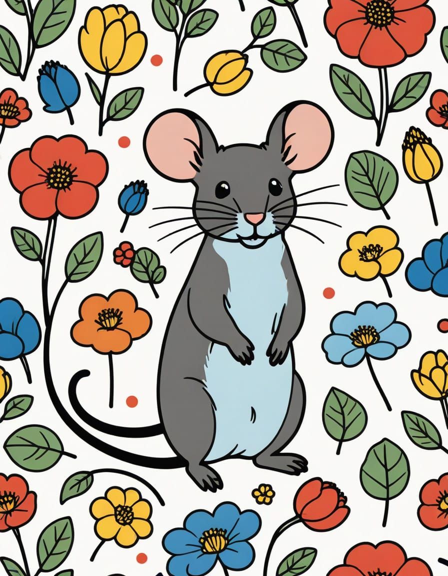 Classic Mouse Illustration for Kids to Color in Bold Black O...