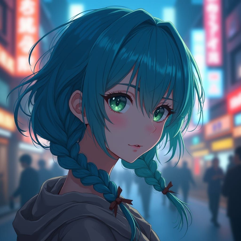 Anime Woman with Electric Blue Hair in Neon City