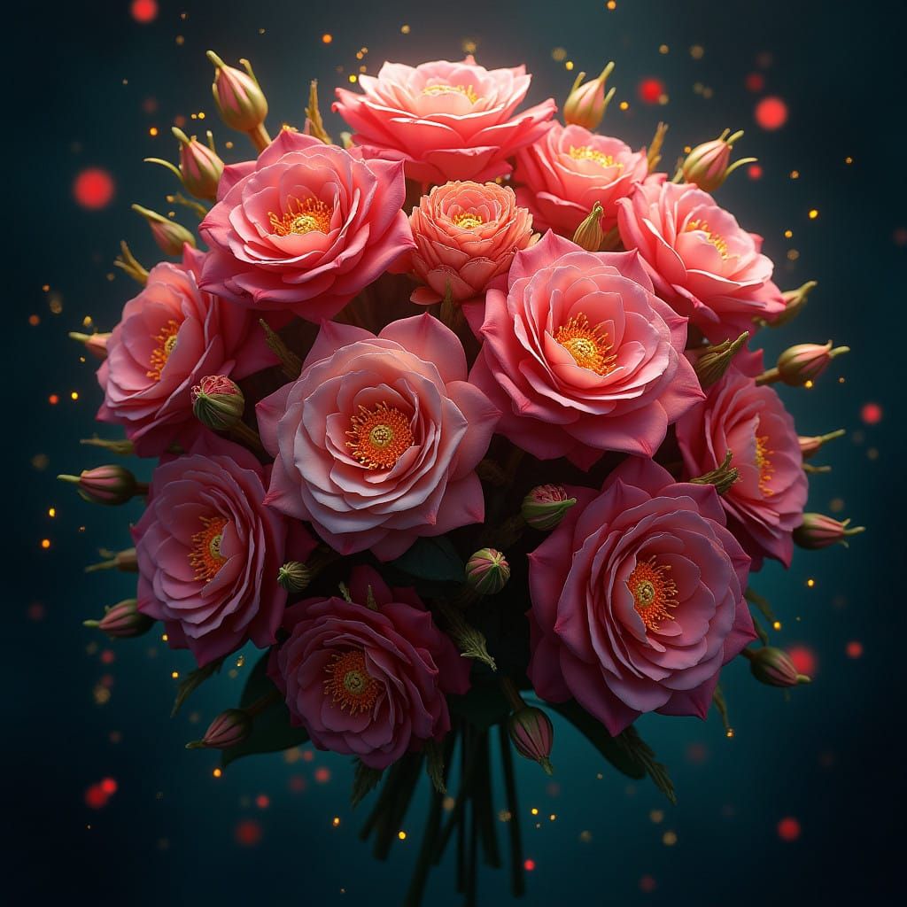 Vibrant Fantastical Roses in Dreamlike, Dark Background