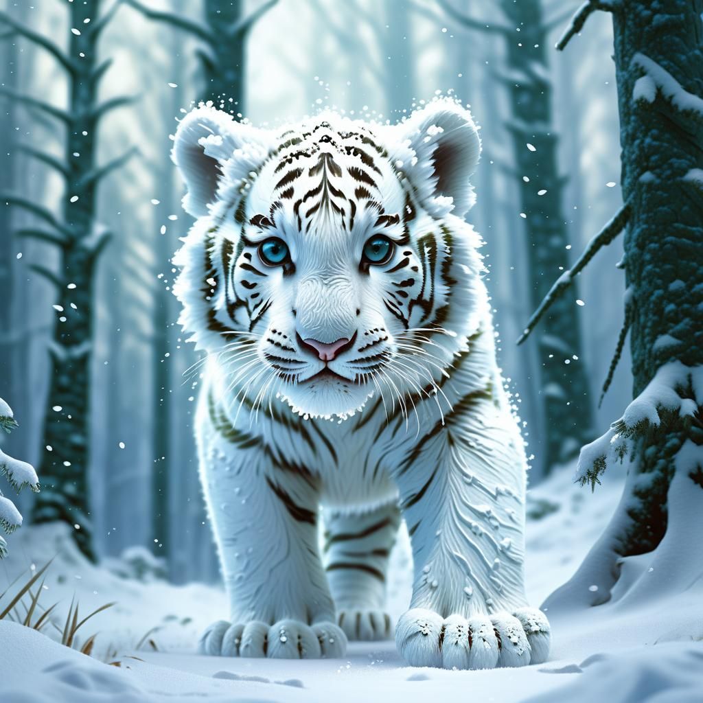 White Tiger Cub in Snowy Forest, Digital Painting