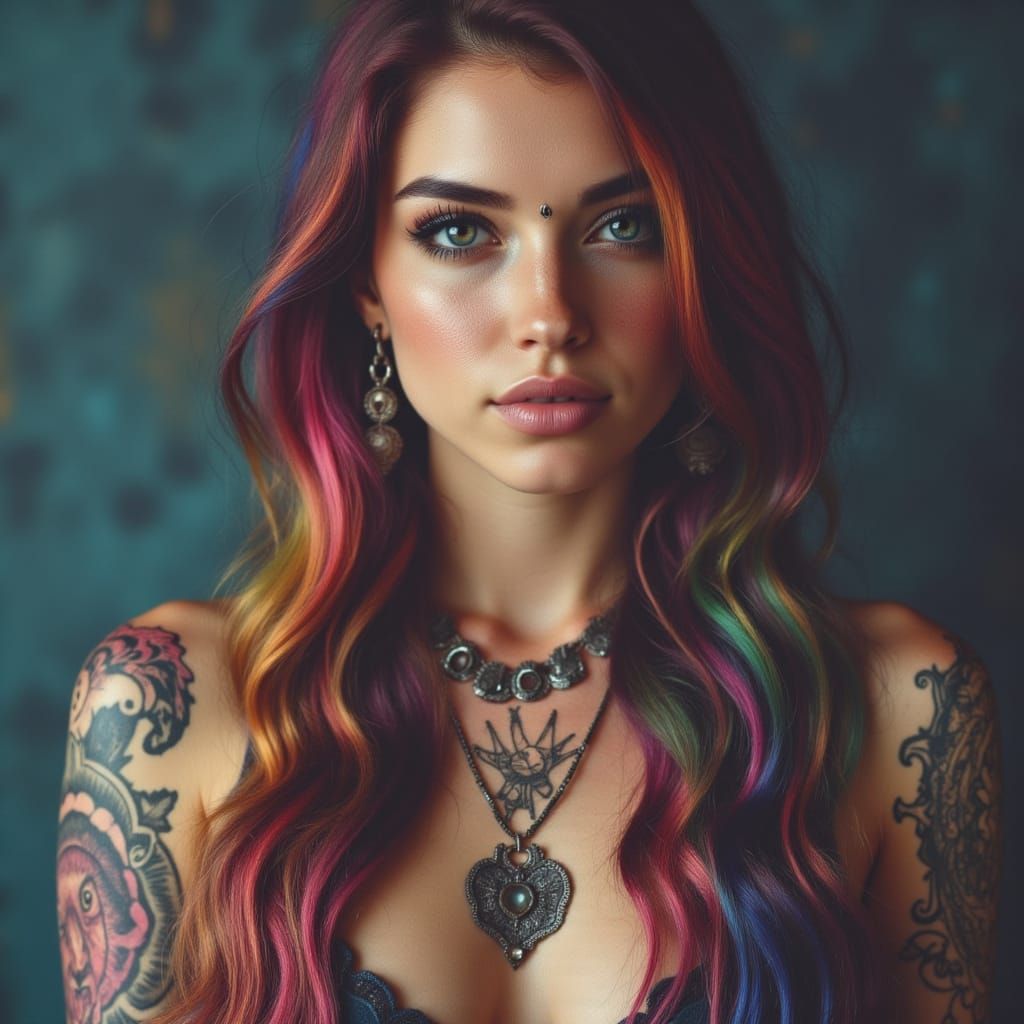 Woman with Tie-Dye Hair, Piercings, and Celestial Tattoos