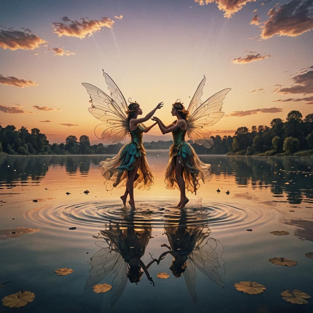 Fairies Dancing on a Lake in Surreal Style