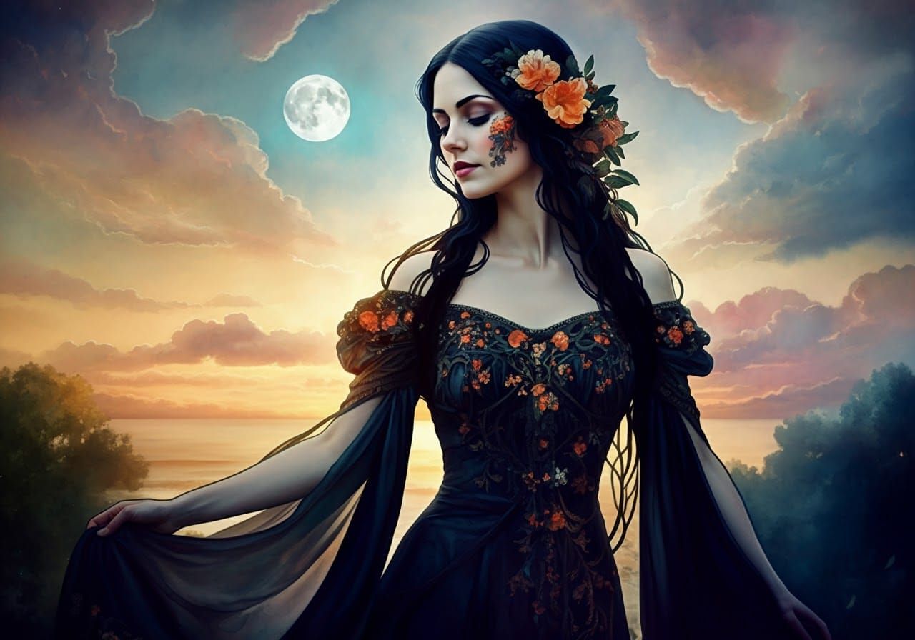 Ethereal Lady in Dark Gown at Sunset, Art Nouveau
