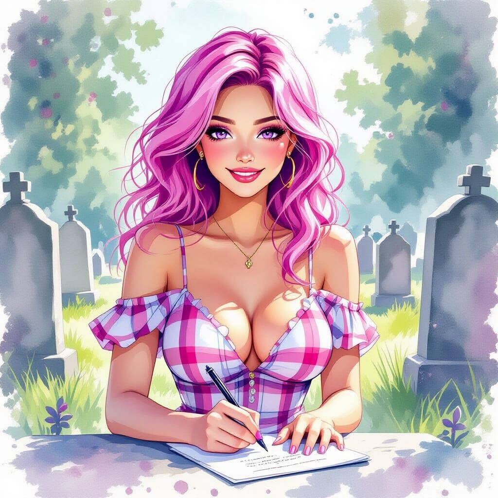 Pink-Haired Woman Writes in Cemetery, Watercolor Style