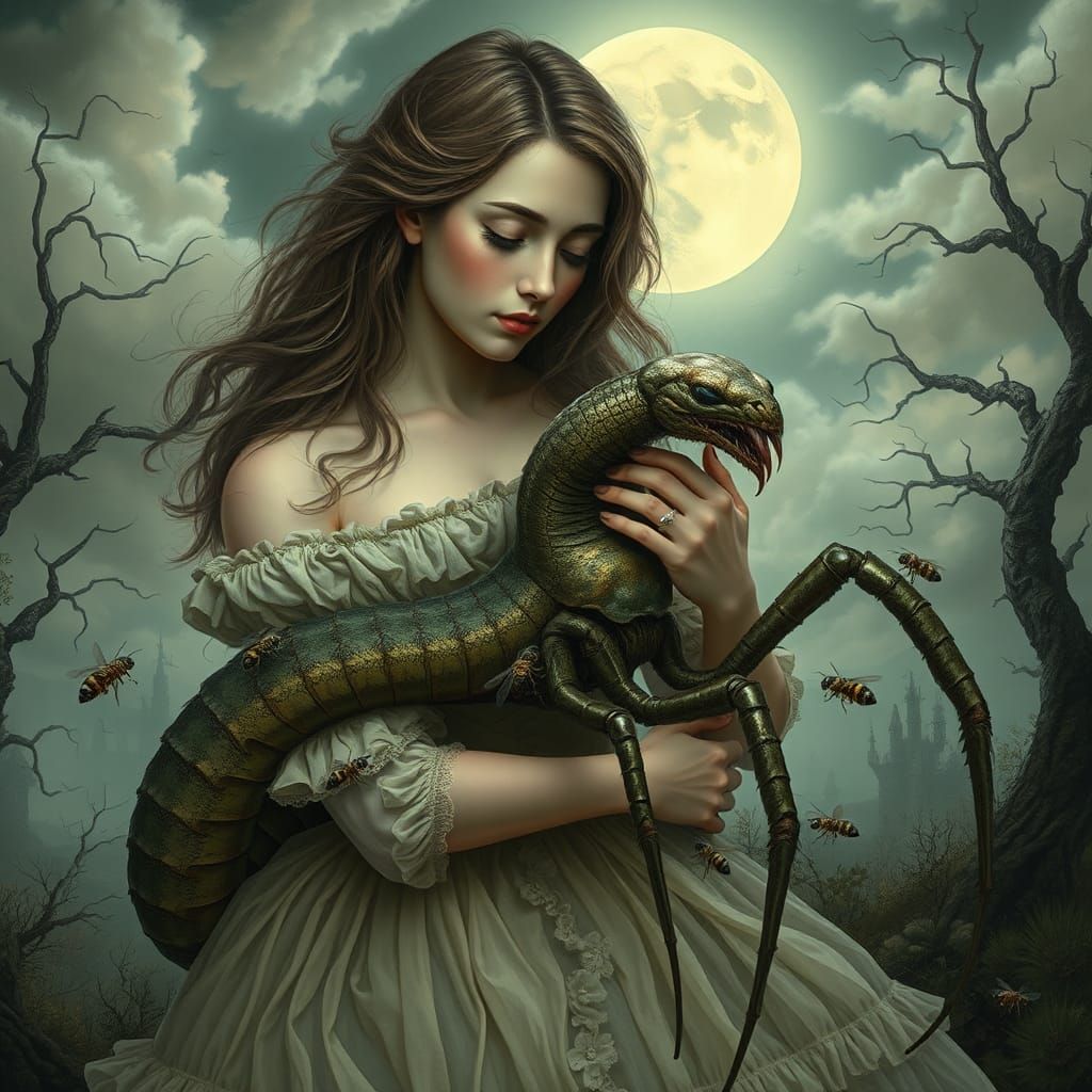 Surreal Embrace: Woman and Hybrid Creature in Dreamscape