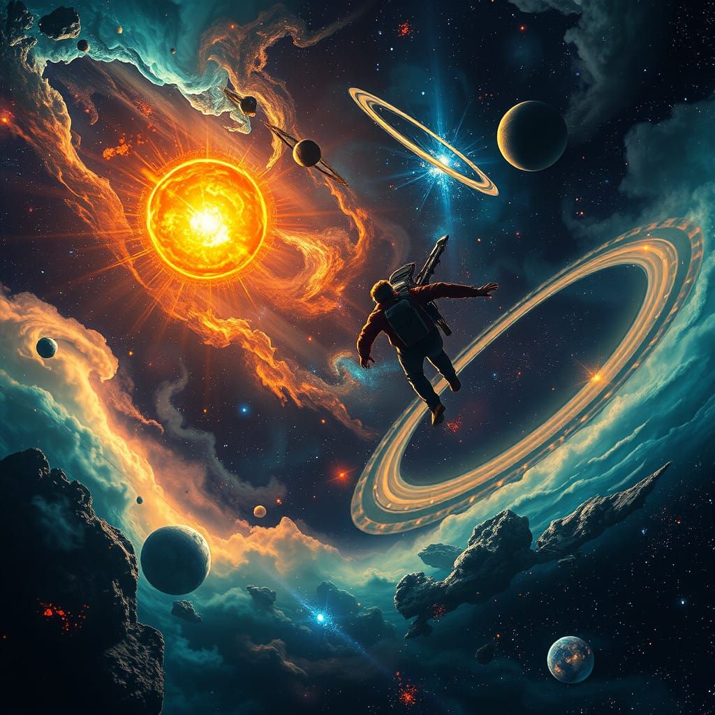 Cosmic Voyager in Starry Expanse with Nebulae and Blazing Su...