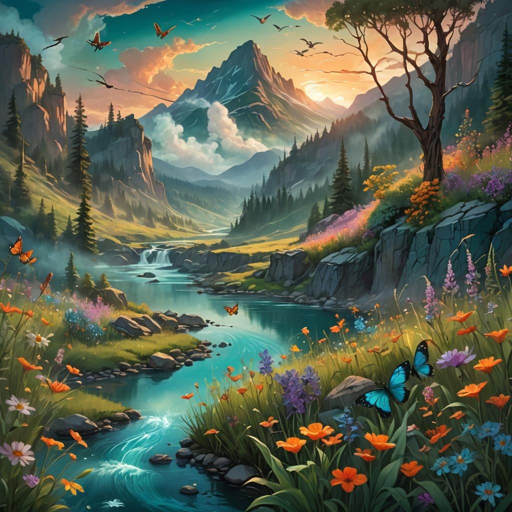 Lush Fantasy Landscape with Birds and Butterflies