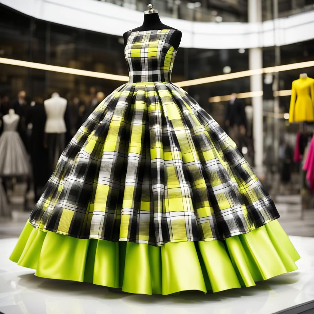 Neon Golden Plaid Ballgown on Display