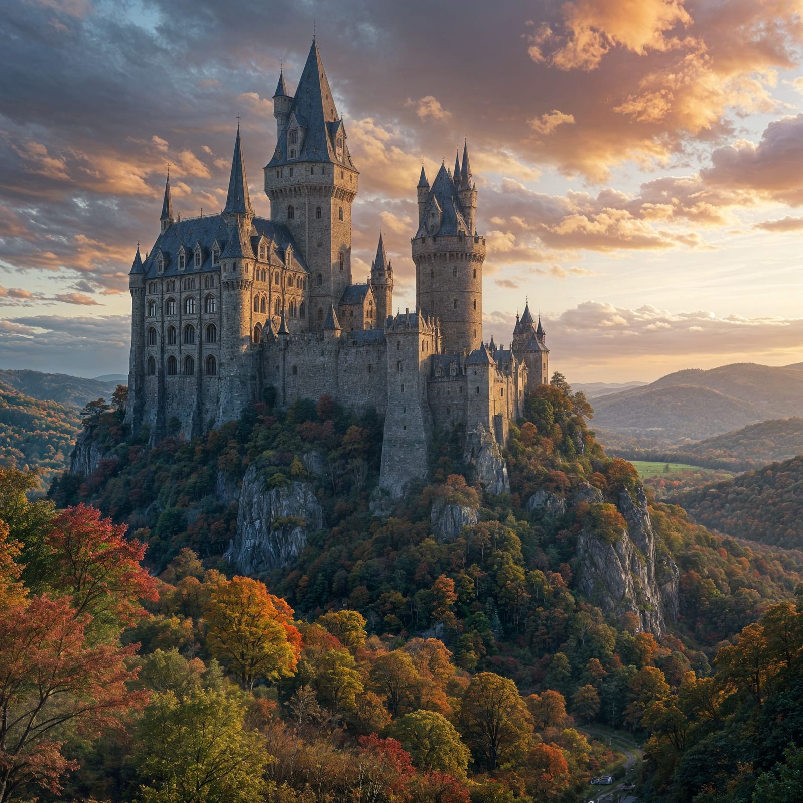 Majestic Castle Vista Amidst Autumn Foliage