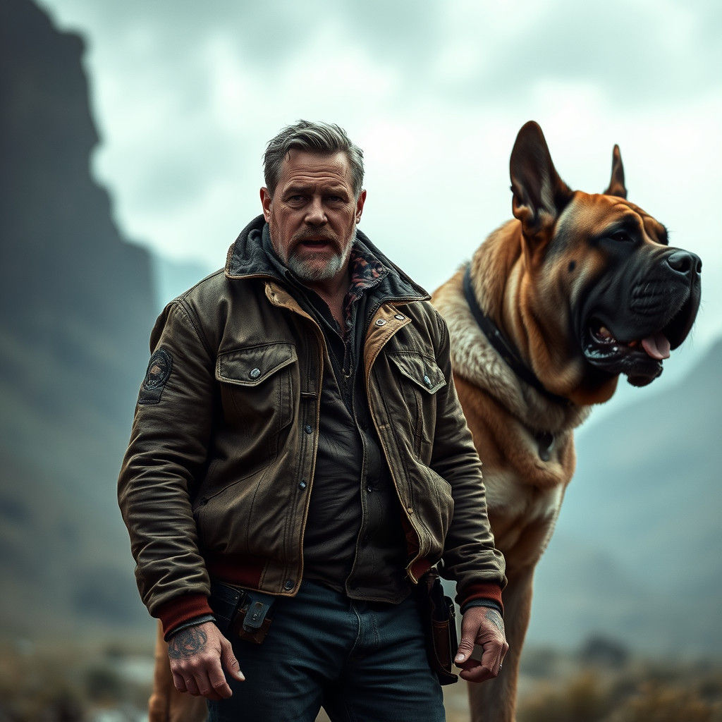 Heroic Man and Mastiff in Cinematic Portrait