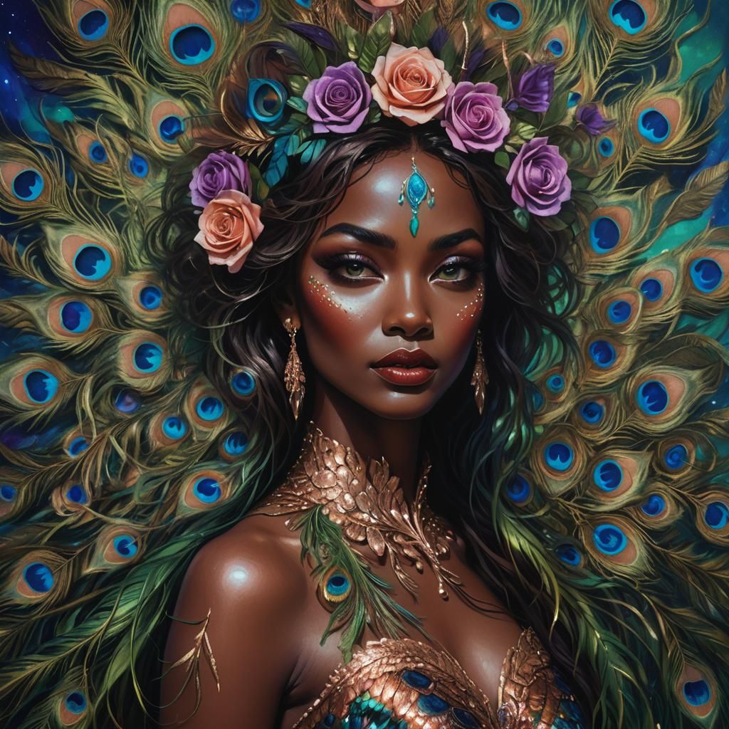 Fantasy Woman with Peacock Feathers in Art Nouveau Style