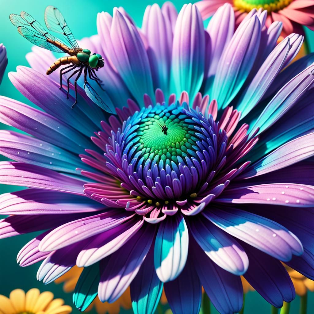 Purple Daisy with Teal Dragonfly: Candy Art