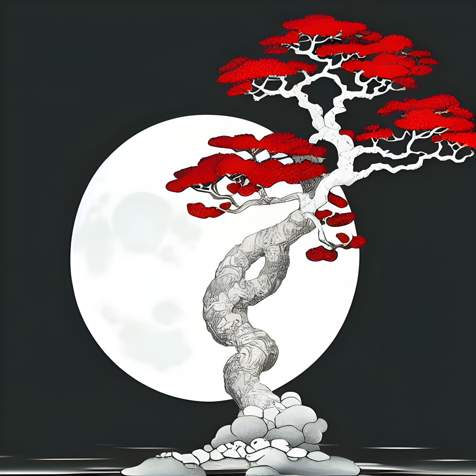 Stained-Glass Bonsai Tree with Moon, Digital Art