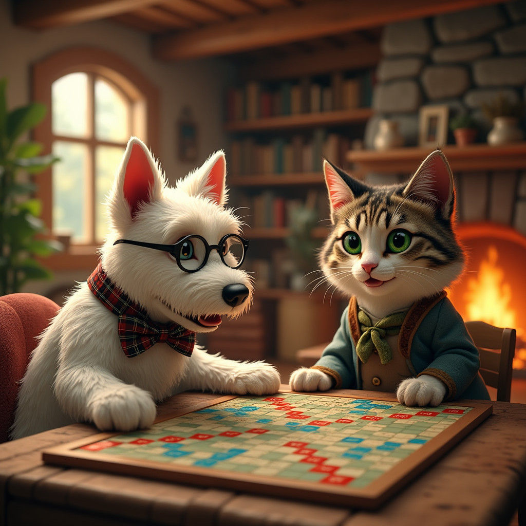 Westie and Cat Play Scrabble in Cozy Cabin