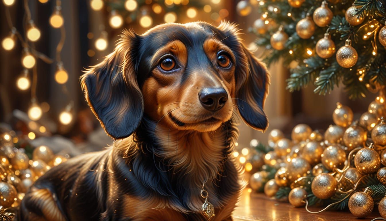 Happy Dachshund in Golden Christmas Lights Digital Painting