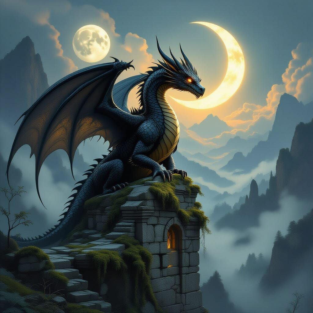 Ancient Obsidian Dragon on Ruin Overlooking Misty Valley