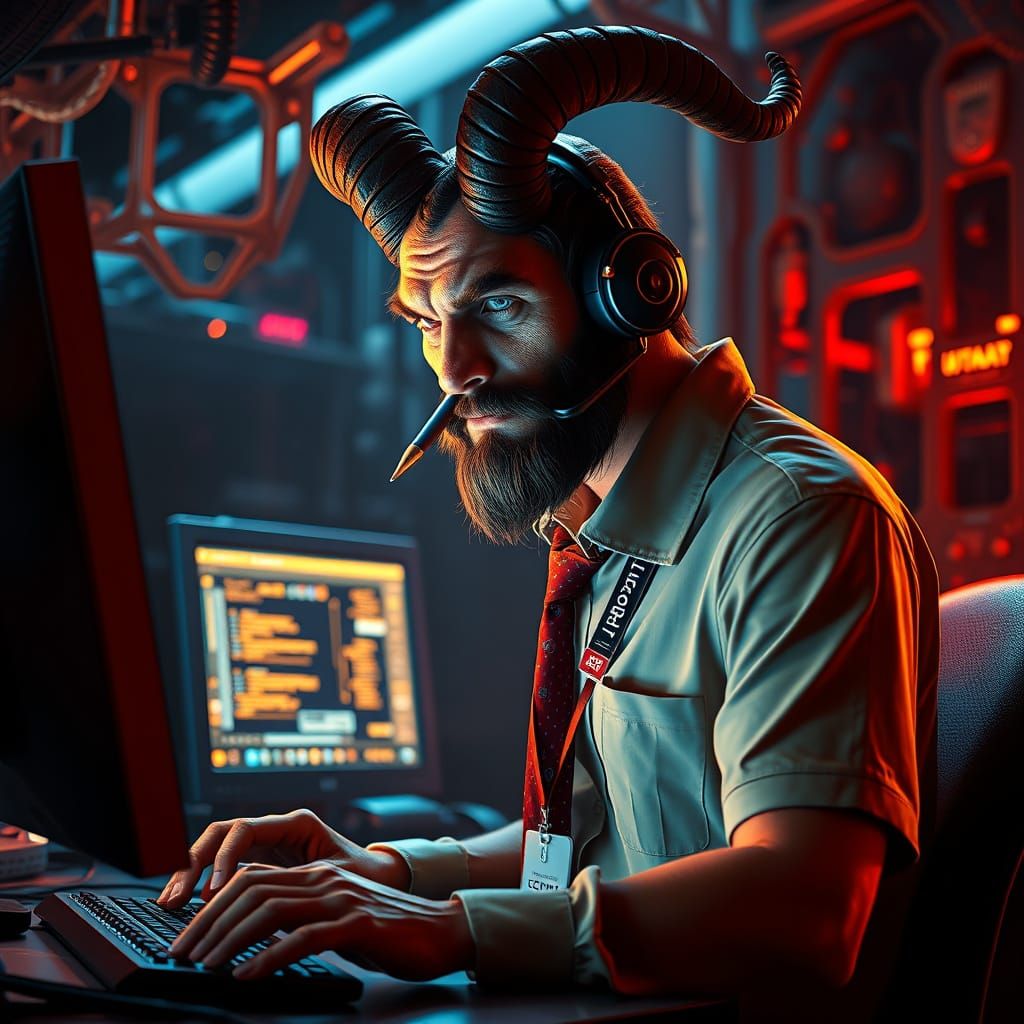 IT Support Satyr at Glowing Workstation