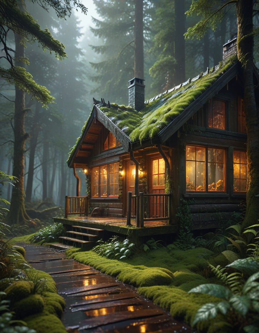 Cozy Cabin in Misty Forest: Splash Art Style