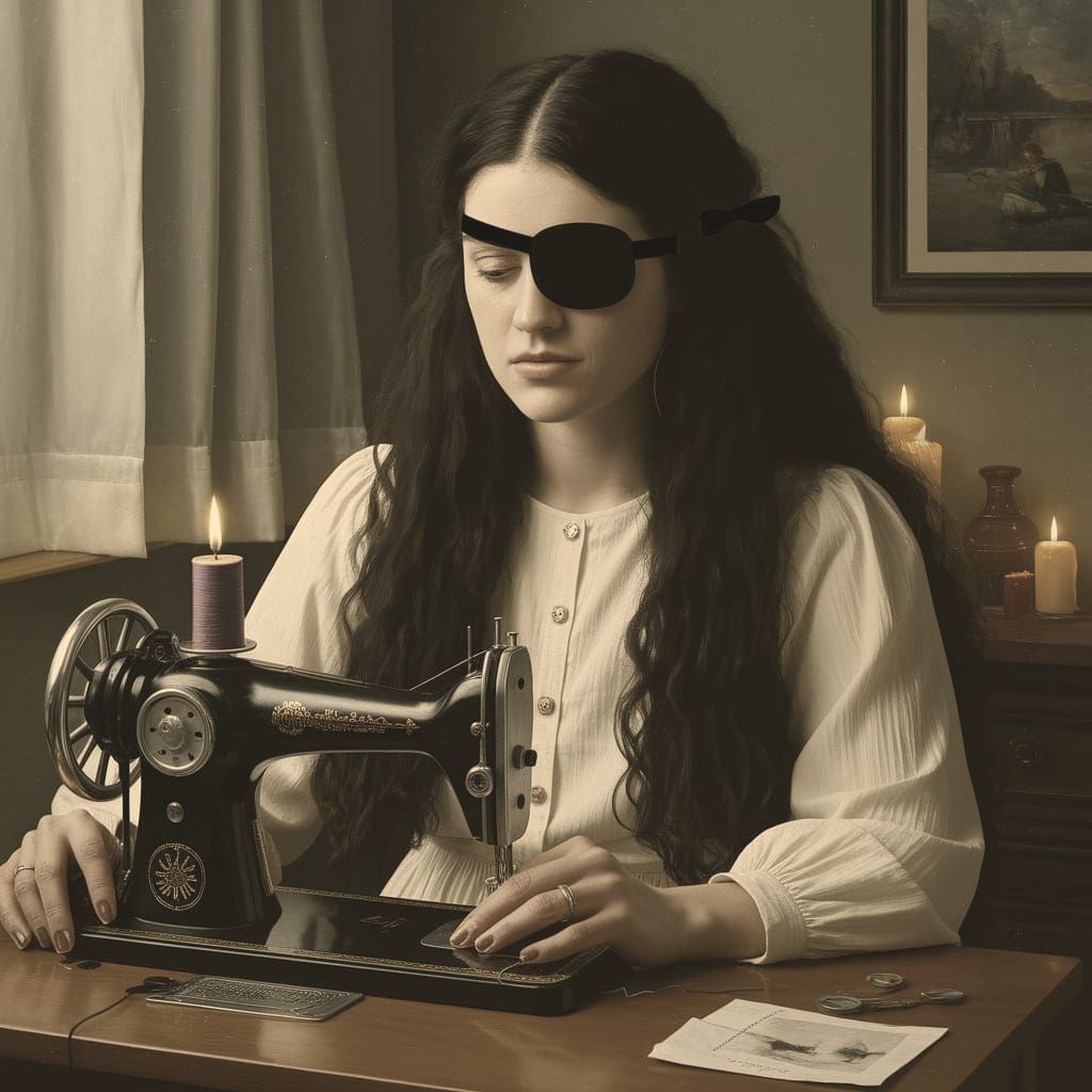 Woman Sewing Eyepatch in Luminous Impressionism Style