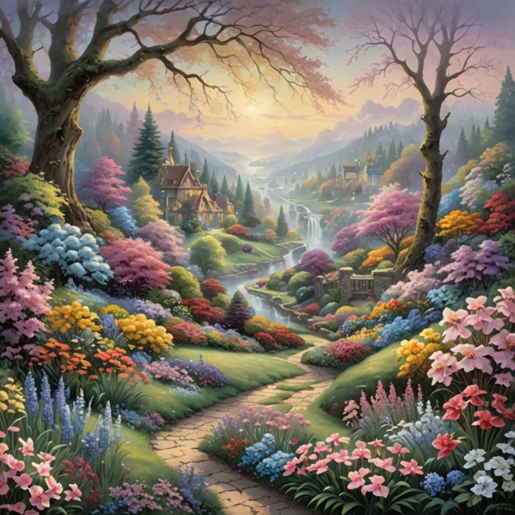 Pastel Spring Garden Landscape in Hyperrealism