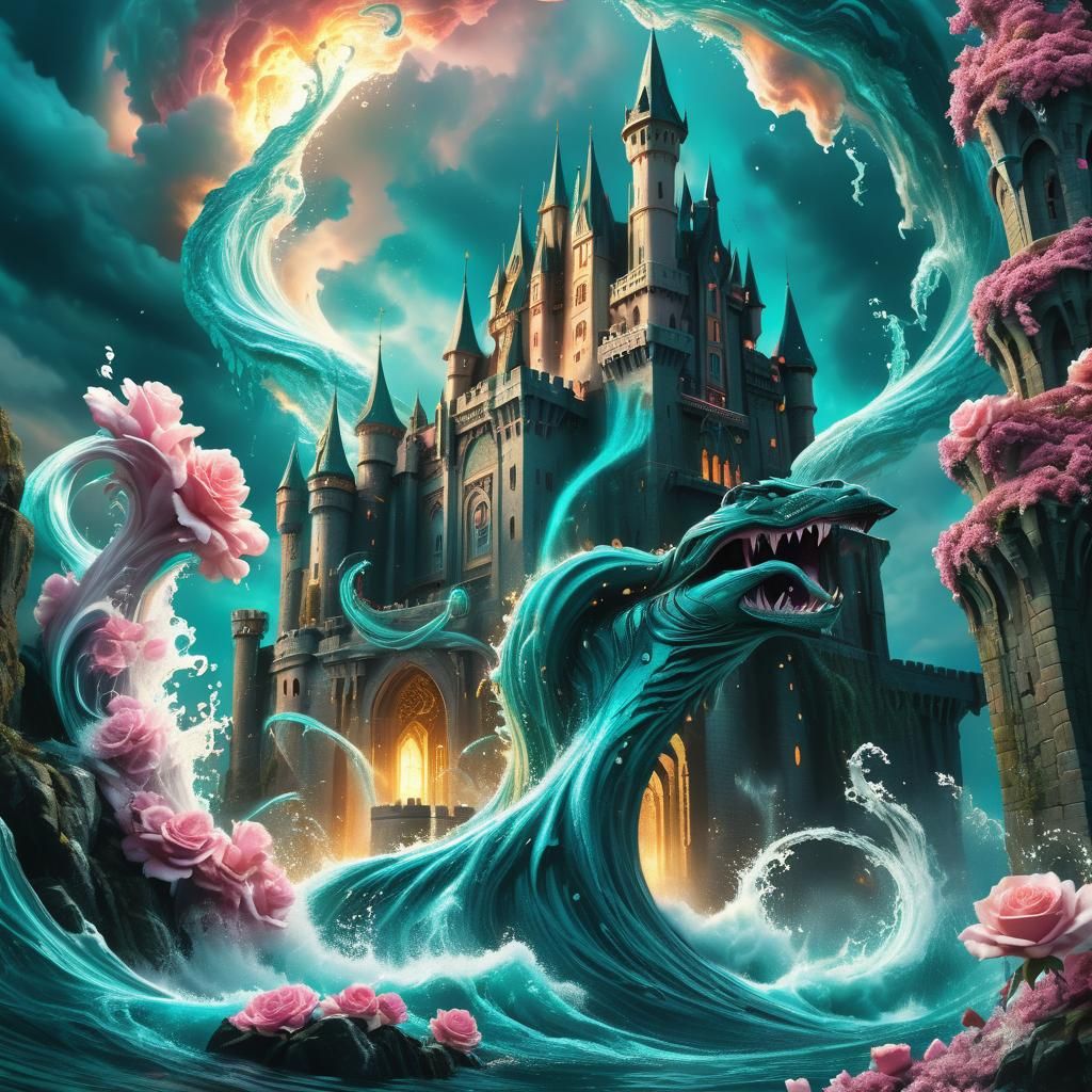 Teal and Rose Castle with Water Monster, Fantasy Art
