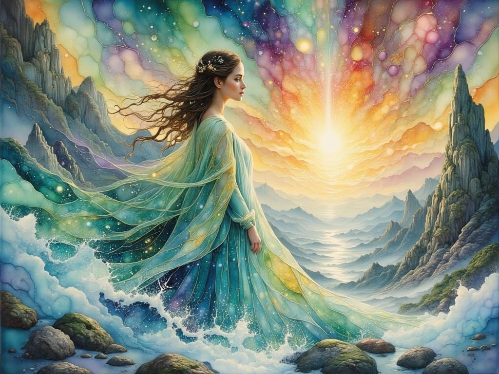 Mystical Mountain Goddess in Dreamlike Aurora