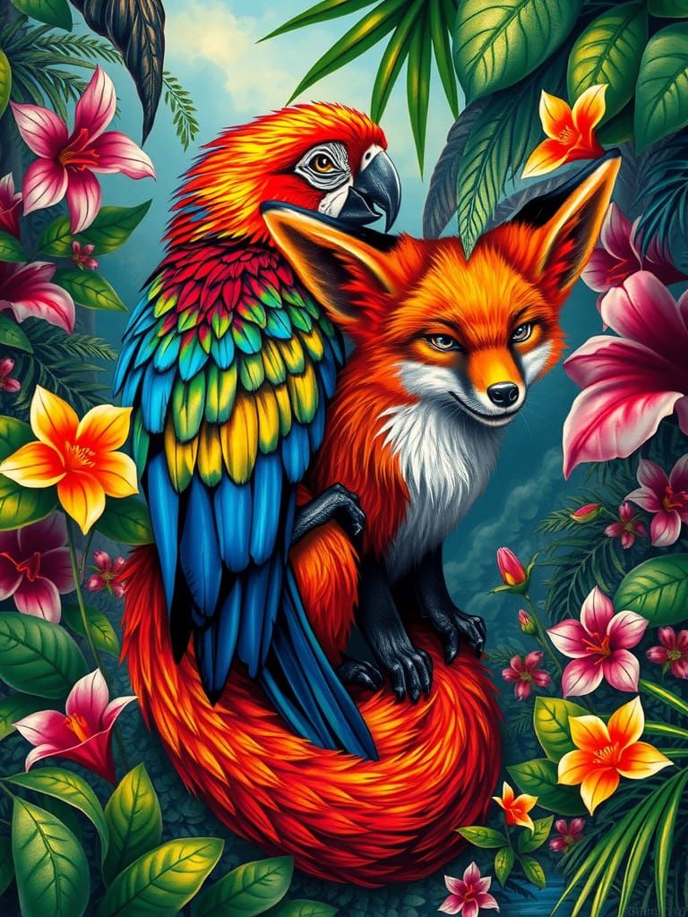 Vibrant Jungle Hybrid Fox and Parrot